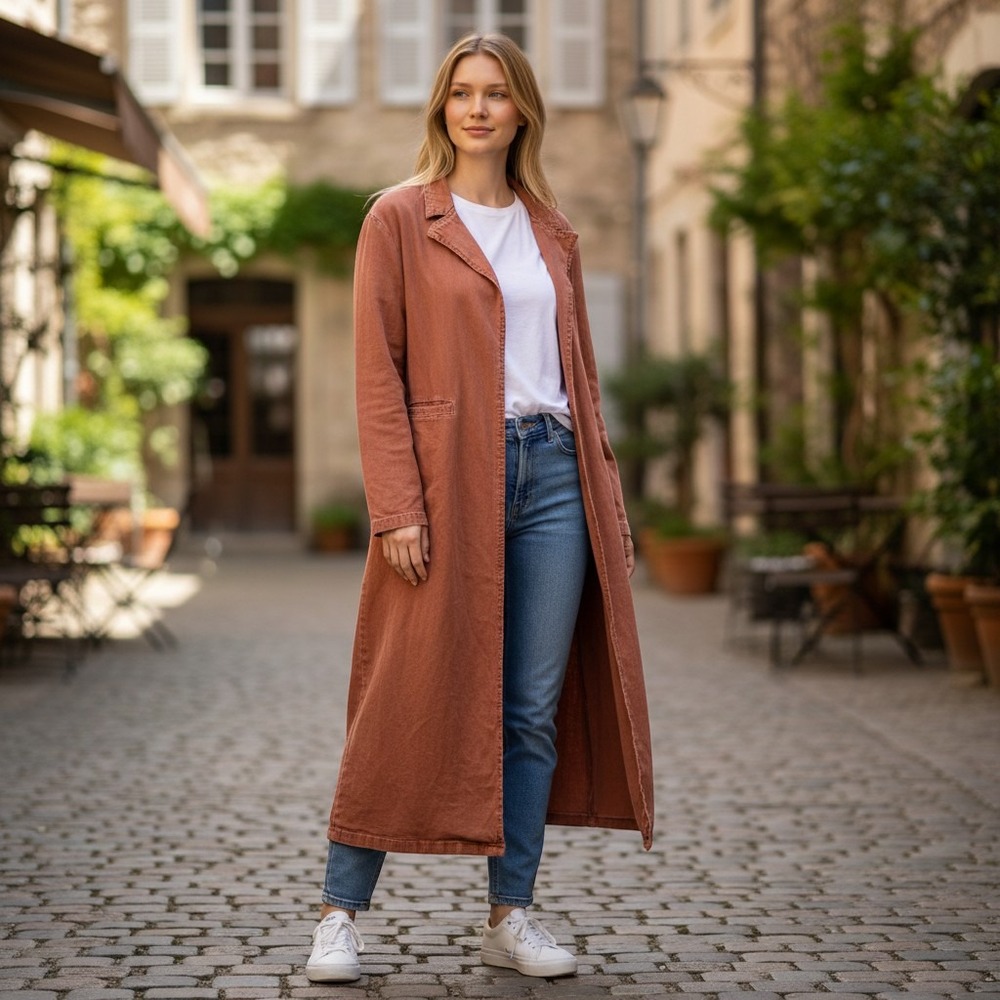 NWT PrettyLittleThing Rust Terracotta Denim Longline Duster Jacket Coat US 12